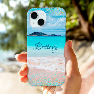 Hawaii Sandy Beach Ocean Blue Gold Confetti Name iPhone 15 Case