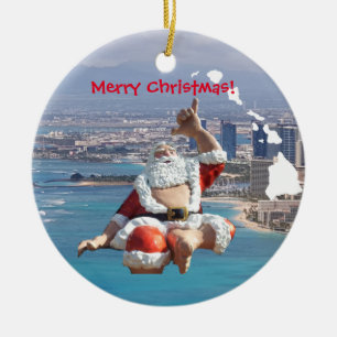 Hawaii Santa and Honolulu Ceramic Ornament