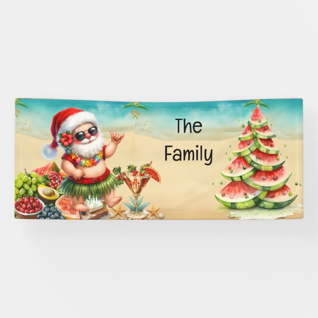 Hawaii Santa Claus and Watermelon Christmas Tree Banner (Horizontal)