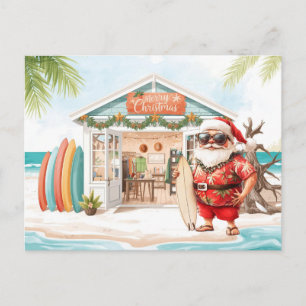 Hawaii Santa Claus is holding surf board Christmas Postcard