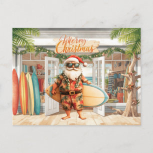 Hawaii Santa Claus is holding surf board Christmas Postcard