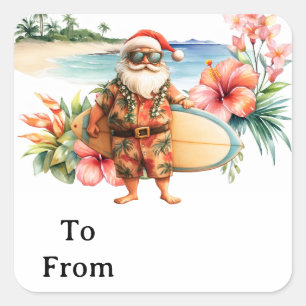 Hawaii SANTA CLAUS with surf board at the beach Square Sticker