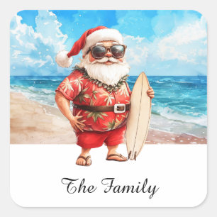 Hawaii SANTA CLAUS with surf board at the beach Square Sticker