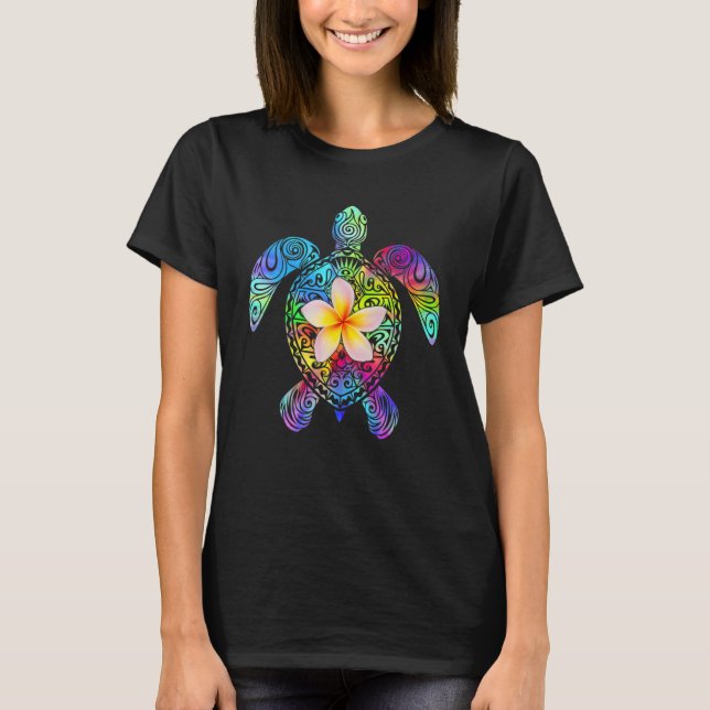 Hawaii Sea Turtle Frangipani Flowers Summer Tie Dy T-Shirt (Front)