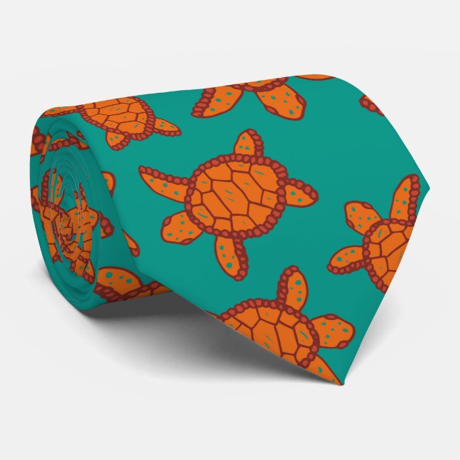 Hawaii Sea Turtle Patterned Blue and Orange Aloha Tie (Rolled)