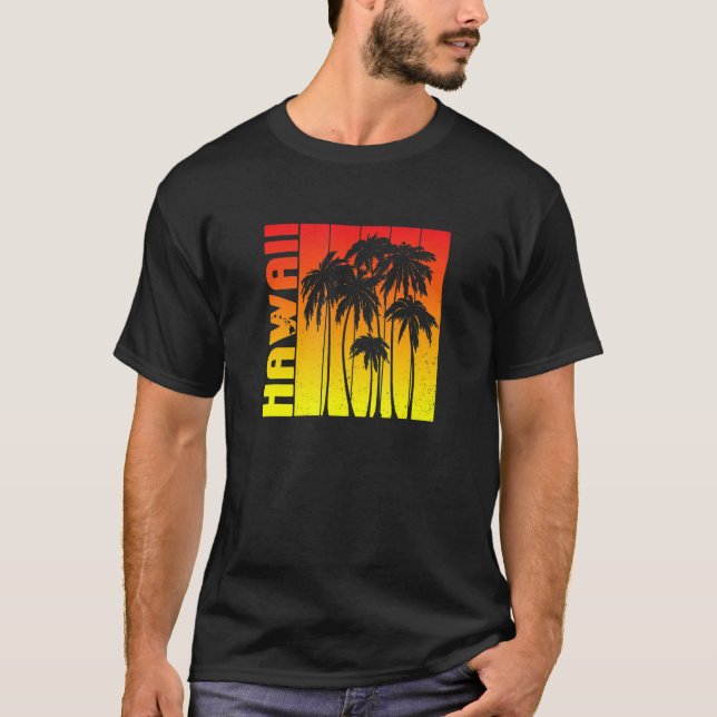 Hawaii Souvenir Palm Trees Sunset Retro T-Shirt (Front)