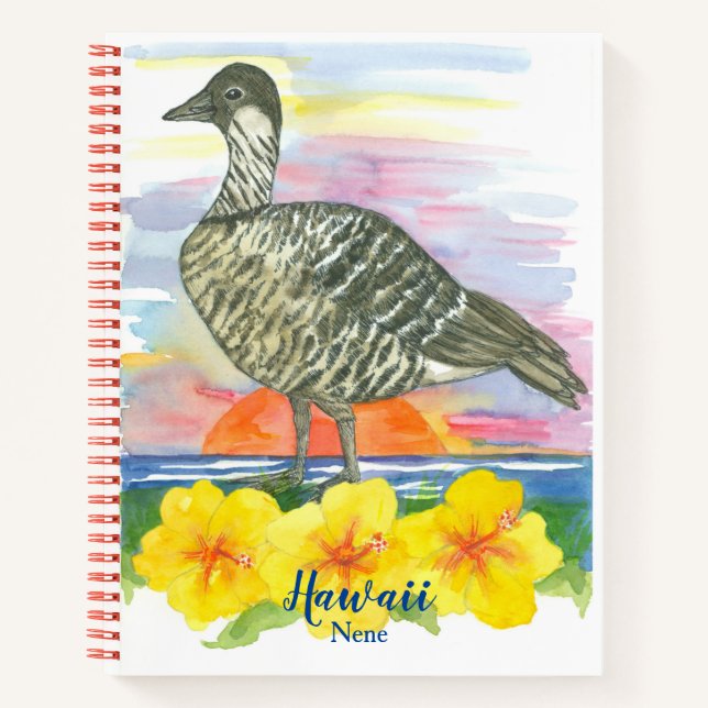 Hawaii State Bird Nene Hibiscus Sunset Watercolor Notebook (Front)