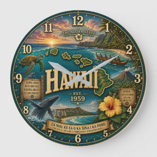 Hawaii State Heritage Island Map Sea Turtle Large Clock