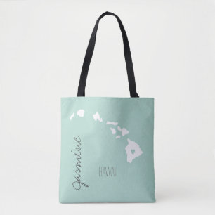 Hawaii state map with heart personalize name tote bag