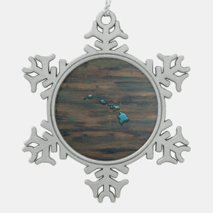 Hawaii State Shape Teal Snowflake Pewter Christmas Ornament