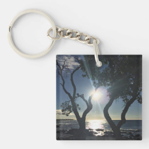 Hawaii Sunlit Trees Ocean Shore Colour Photography Key Ring