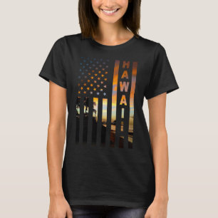 Hawaii Sunset American Flag Honolulu Hawaiian Isla T-Shirt