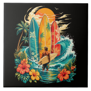 Hawaii Surfboard Wave Beach Surfer Vintage Ceramic Tile
