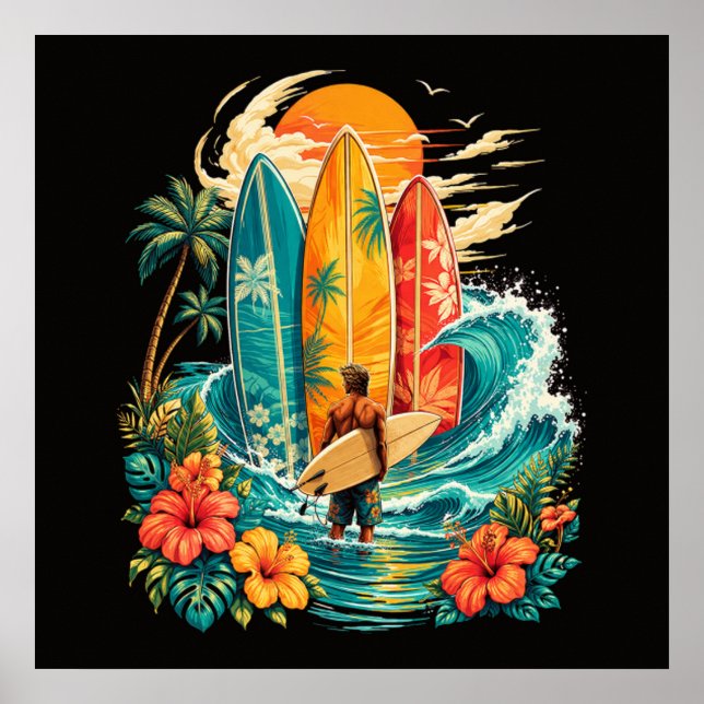 Hawaii Surfboard Wave Beach Surfer Vintage Poster (Front)