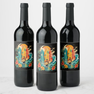 Hawaii Surfboard Wave Beach Surfer Vintage Wine Label