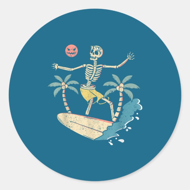 Hawaii Surfer Skeleton Halloween Beach Y Soky Surf Classic Round Sticker (Front)