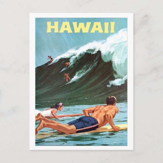 Hawaii, surfing, big wave, vintage travel postcard (Front)