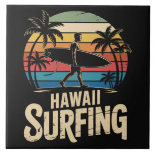 Hawaii Surfing Retro - Vintage Sunset Beach Surfer Ceramic Tile