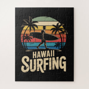 Hawaii Surfing Retro - Vintage Sunset Beach Surfer Jigsaw Puzzle