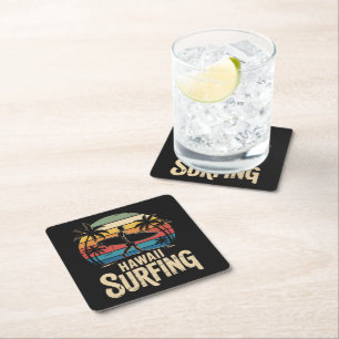 hawaii surfing retro - vintage sunset beach surfer square paper coaster