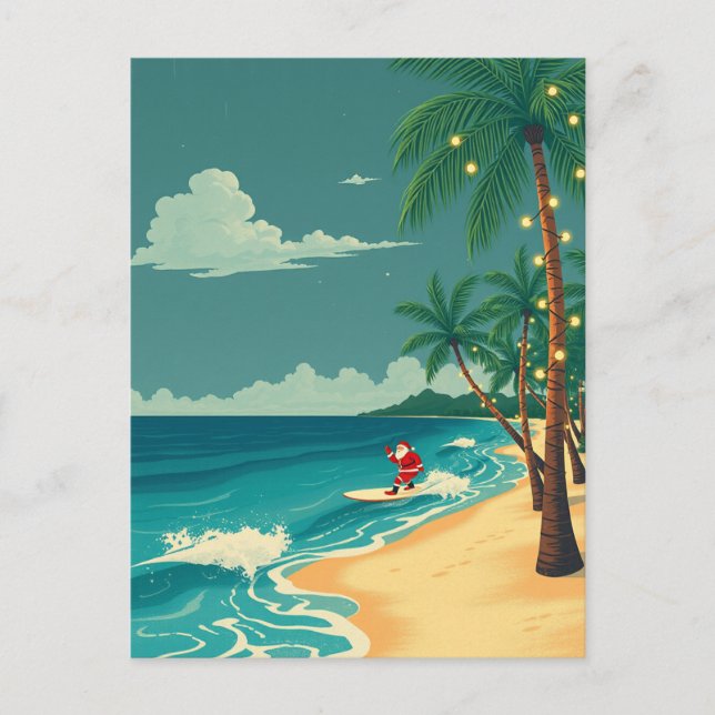 Hawaii Surfing Santa Tropical Beach Holiday Travel Postcard (Front)