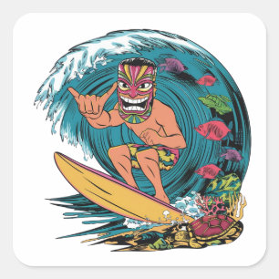 Hawaii surfing vintage colourful badge with man in square sticker