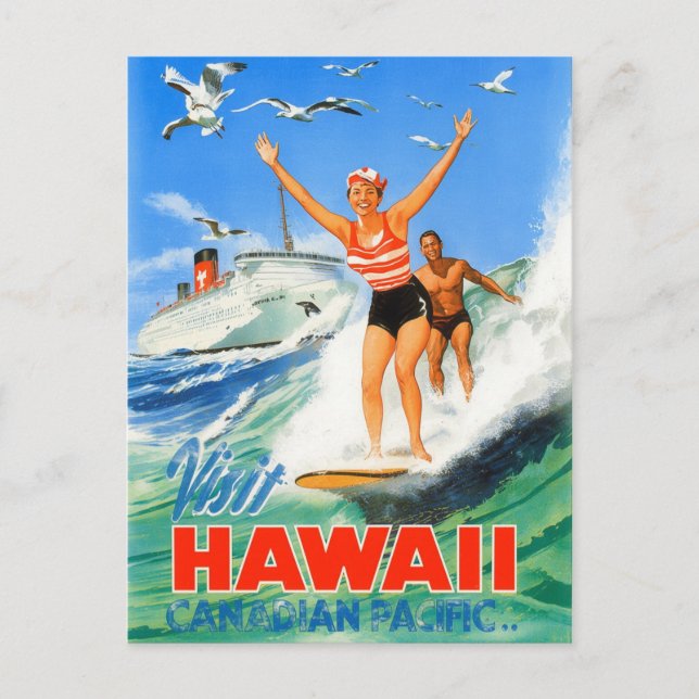 Hawaii Surfing Vintage Travel Postcard (Front)
