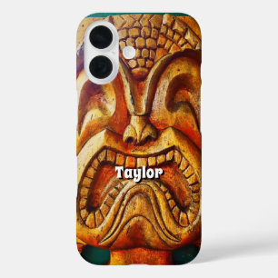 Hawaii Tiki Retro Wood Face Fun Photo Custom Name iPhone 16 Case