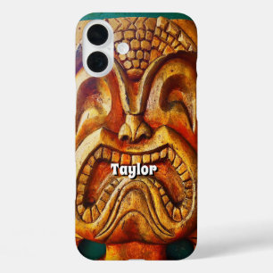 Hawaii Tiki Retro Wood Face Photo Monograme Name iPhone 16 Plus Case