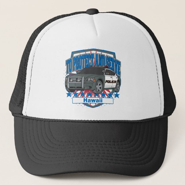 Hawaii To Protect and Serve Police Car Trucker Hat (Front)