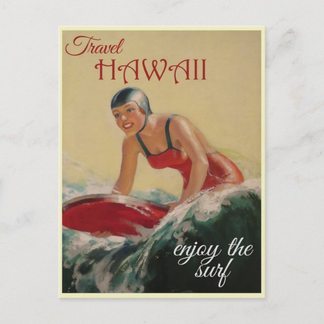 Hawaii Travel, Enjoy the Surf! Retro Vintage Postcard (Front)