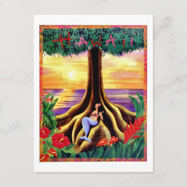 Hawaii, tropic island, mermaid under big tree postcard (Front)