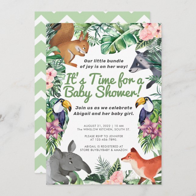 Hawaii Tropical Animals Girl Baby Shower  Invitation (Front/Back)