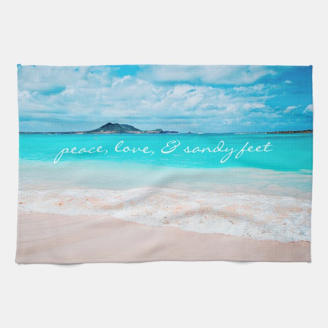 Hawaii Tropical Beach Peace Love Sandy Feet Script Tea Towel (Horizontal)