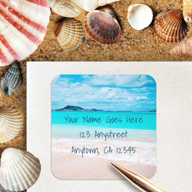 Hawaii tropical beach vacation photo chic address square sticker (Creator Uploaded)