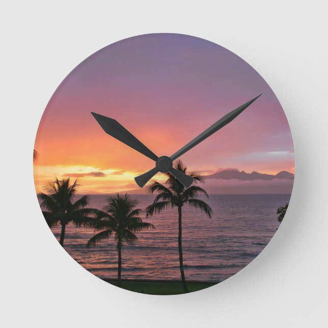 Hawaii Tropical Sunset on the Beach Round Clock (Front)