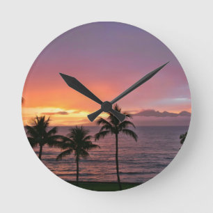 Hawaii Tropical Sunset on the Beach Round Clock
