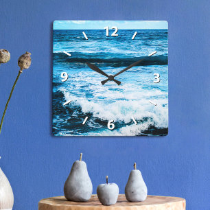 Hawaii turquoise blue ocean waves close-up photo square wall clock