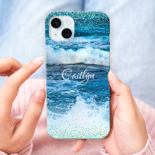 Hawaii turquoise blue ocean waves girly confetti iPhone 15 mini case