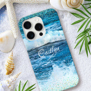 Hawaii turquoise blue ocean waves girly confetti iPhone 15 pro case