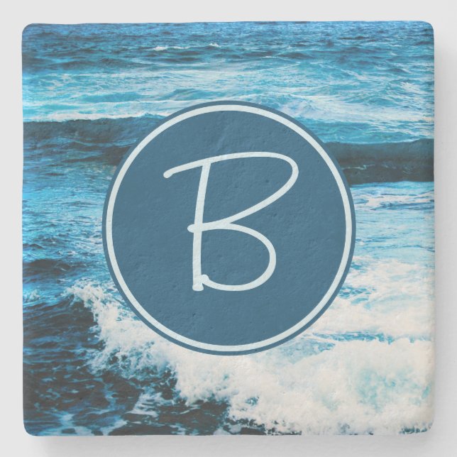 Hawaii Turquoise Blue Ocean Waves Monogram Initial Stone Coaster (Front)