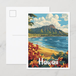 Hawaii USA Art Vintage Illustration Travel Postcard