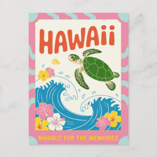 Hawaii USA Retro Sea Turtle Hibiscus Mahalo Postcard