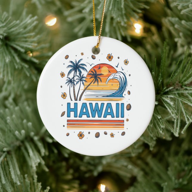 Hawaii Vacation Sunset 70S Beach Ceramic Ornament (Tree)