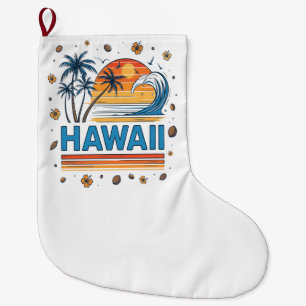 Hawaii Vacation Sunset 70S Beach Large Christmas Stocking