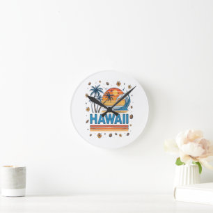 Hawaii Vacation Sunset 70S Beach Round Clock