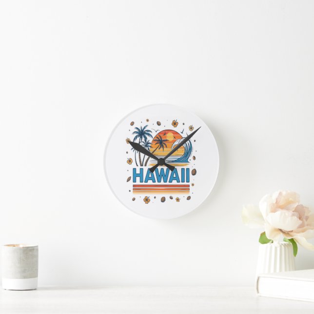 Hawaii Vacation Sunset 70S Beach Round Clock (Home)
