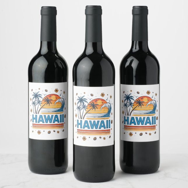 Hawaii Vacation Sunset 70S Beach Wine Label (Bottles)