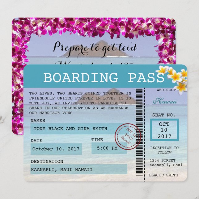 Hawaii Wedding Boarding Pass Invitation (Front/Back)