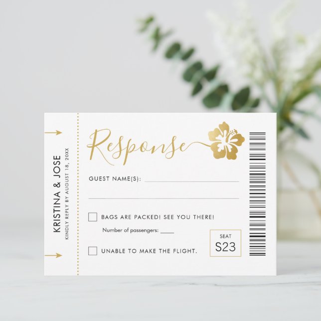Hawaii Wedding Boarding Pass Ticket Destination RSVP Card (Standing Front)